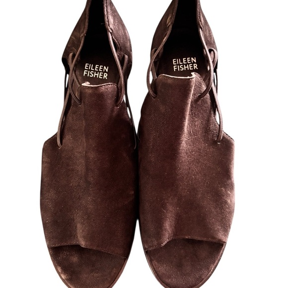 Eileen Fisher Nikki Peep Toe Heel 8.5 Black Suede Leather 2.5 Stacked Heel Boot - Picture 4 of 7